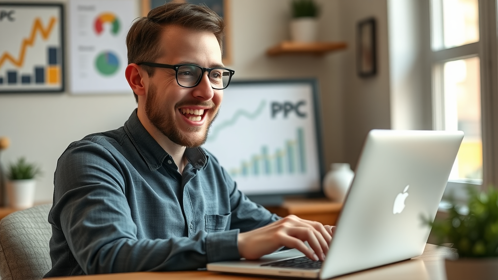 happy small business owner celebrating positive PPC campaign results
