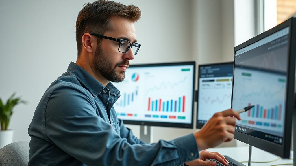 marketer analyzing PPC metrics and ad performance graphs to optimize campaigns