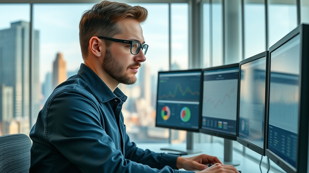 paid social campaigns professional digital marketer analyzing social media ad analytics dashboard in modern office, crisp graphs on screens
