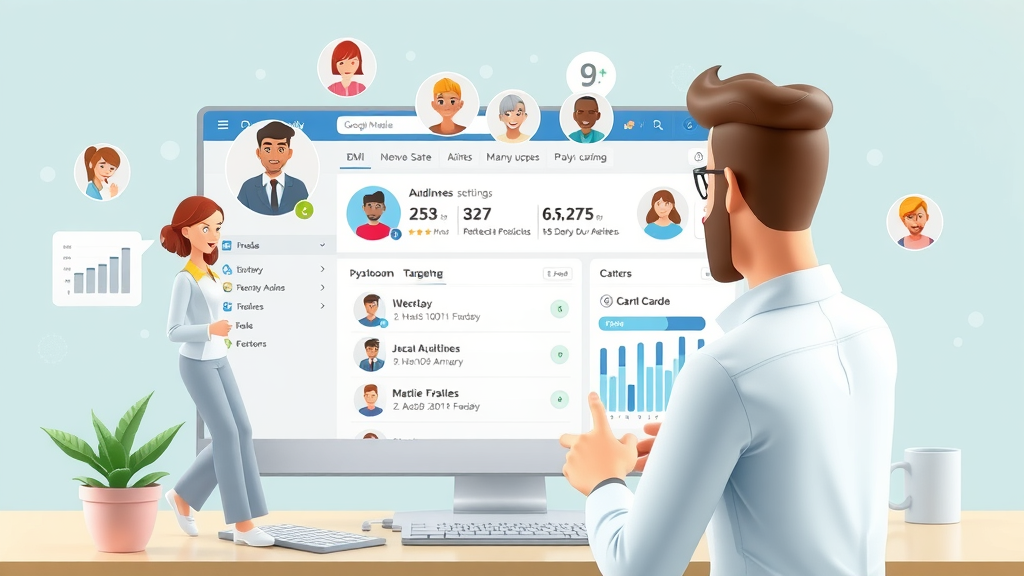 paid social campaigns digital marketer setting up audience targeting on social media platform dashboard, avatars, data visuals