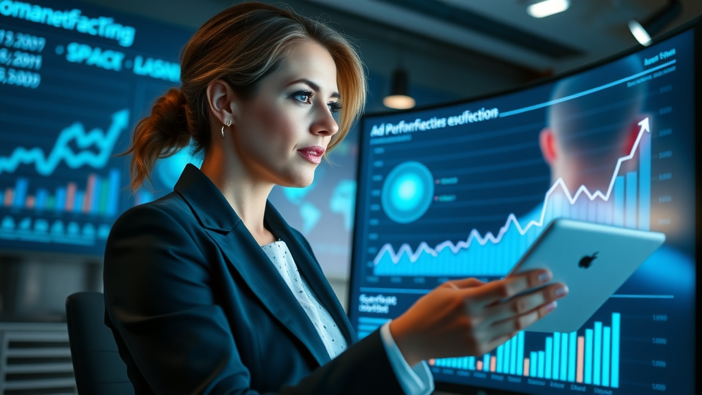 paid social campaigns businesswoman reviewing ad performance charts with retargeting icons, digital screen showing metrics upward trend