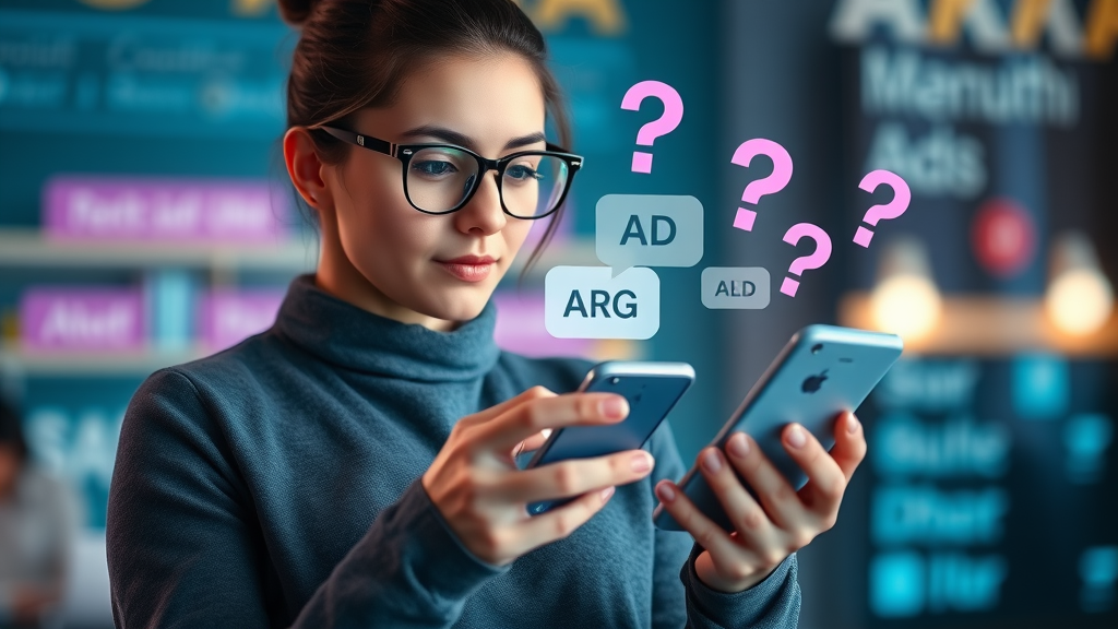 paid social campaigns tech-savvy marketer holding smartphone exploring social media ad FAQs with icons and info bubbles