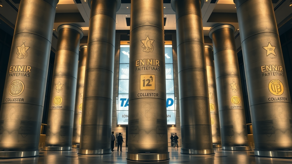 four architectural pillars representing the four pillars of brand management with highlighted brand asset icons