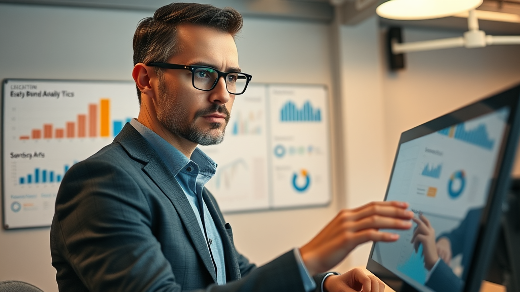 brand manager analyzing brand analytics and creative assets on a digital dashboard in a modern office