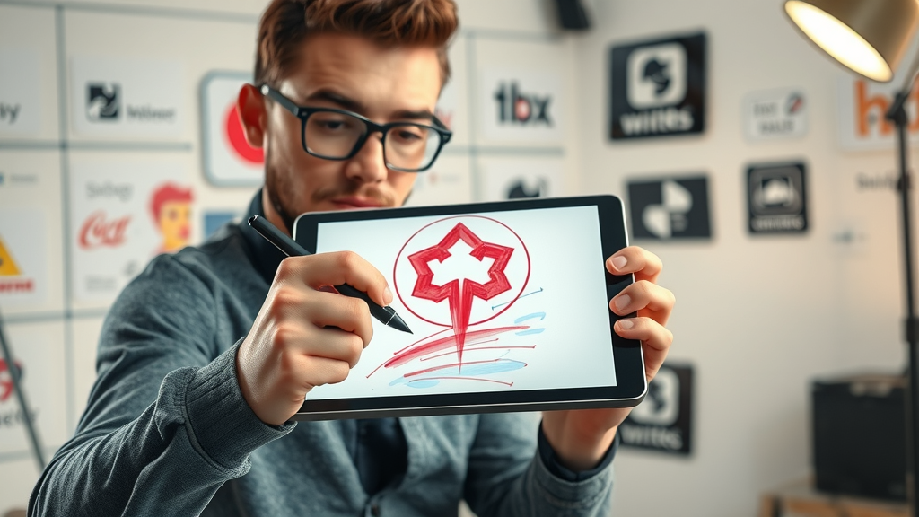 creative designer sketching a prototype logo on a tablet to build brand identity with creative assets