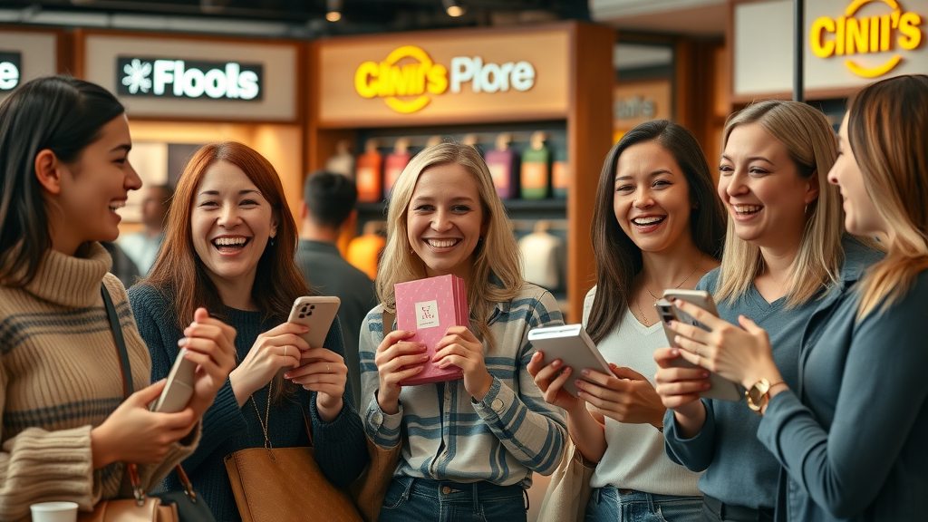 loyal customers experiencing brand products and celebrating strong brand identity in a vibrant retail setting