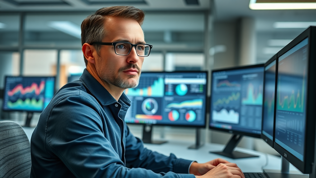 Advertising budget optimization: analyst reviews marketing audit data on digital dashboard