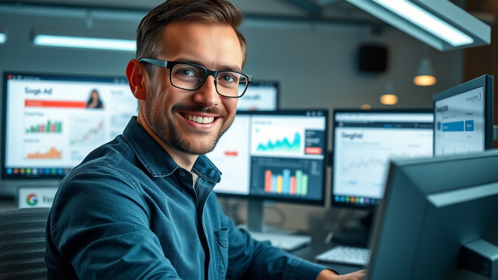 Advertising budget optimization: marketing specialist optimizes Google Ads and social media dashboards