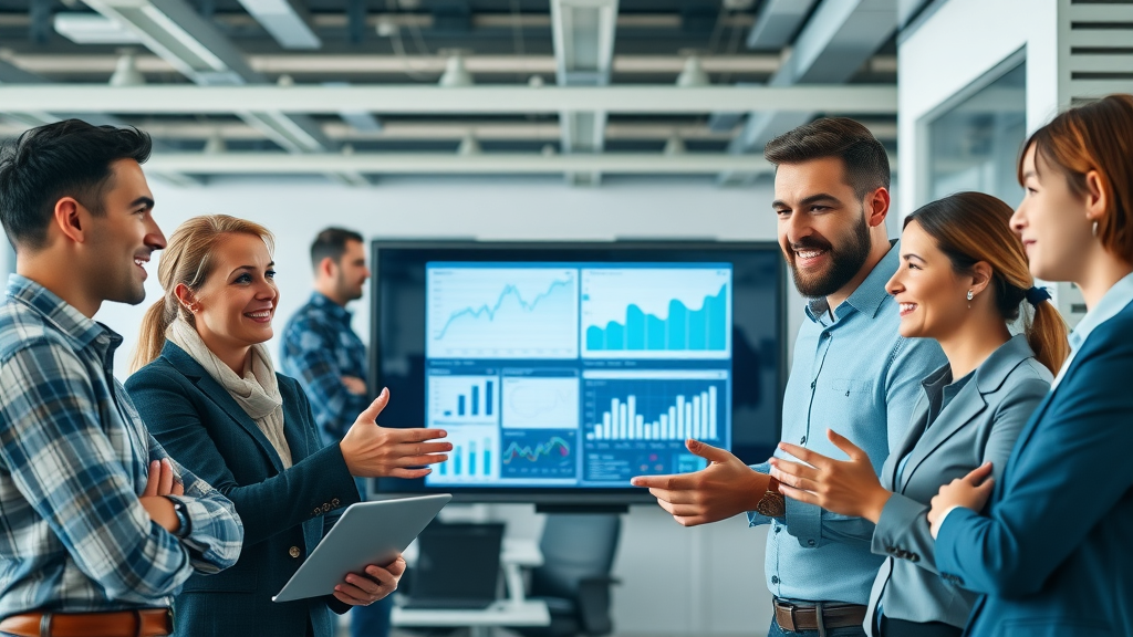 dynamic business team discussing digital marketing strategies on digital graphs and data screen, digital marketing in modern office