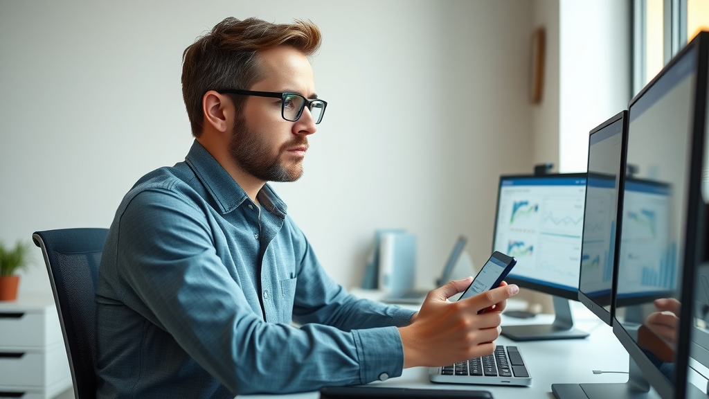 digital marketer analyzing reports, multitasking digital devices for campaign optimization, digital marketing workspace