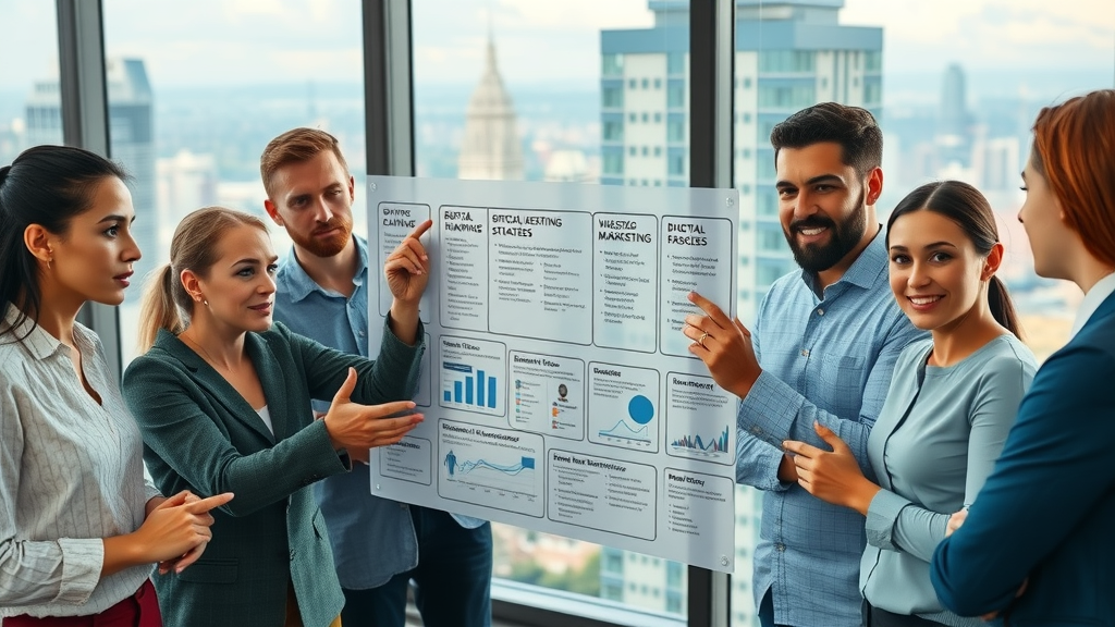 strategic planning for digital marketing, team mapping campaign on glass board