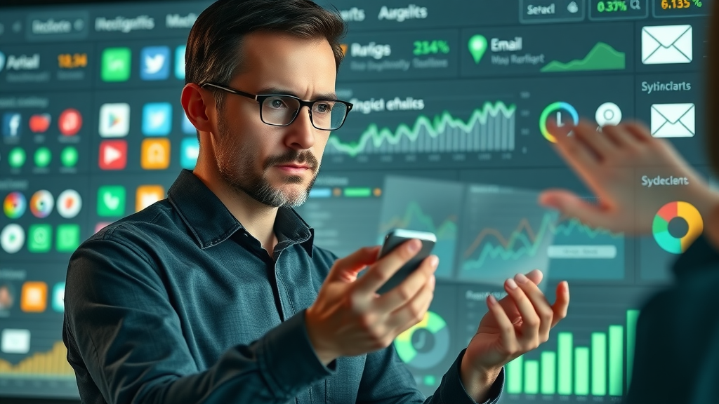 marketer analyzing digital dashboard, comparing analytics from social media, search engine, email channels