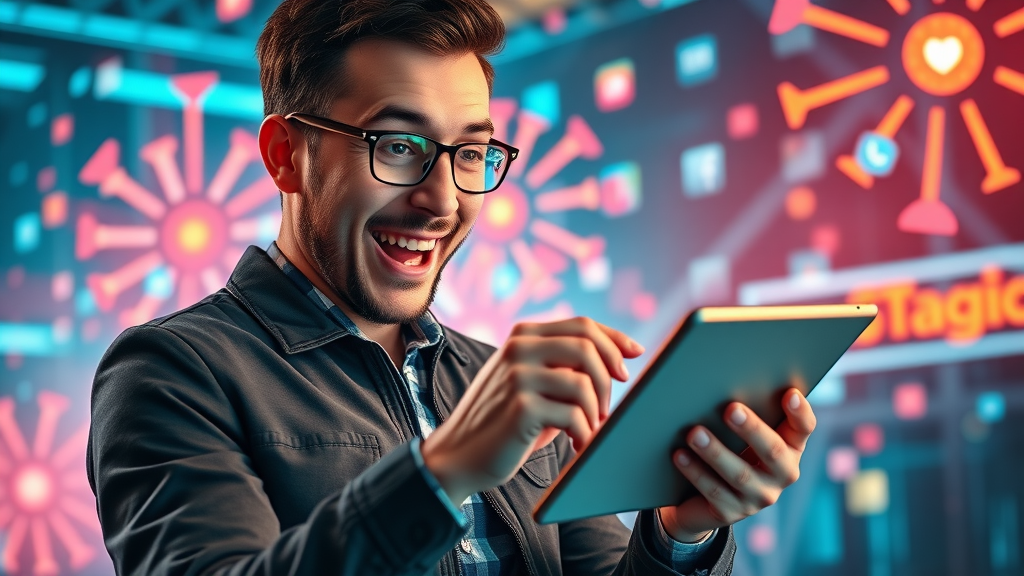 social media marketer running interactive campaign, engaging trending content for brand awareness