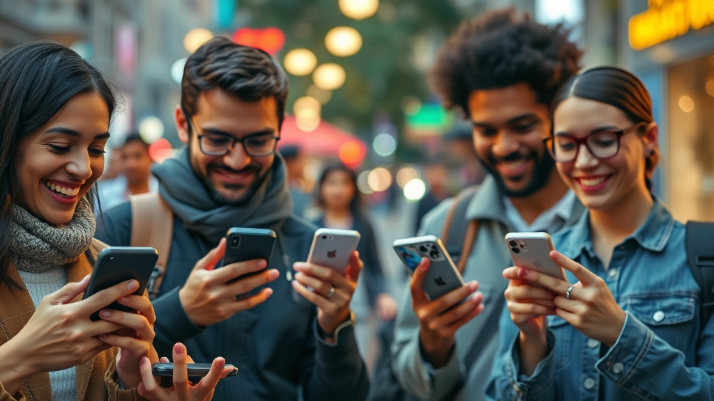 diverse group engaging digital marketing content on mobile devices in urban setting