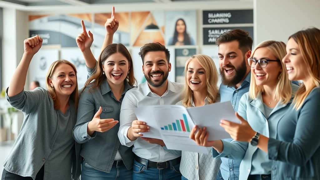 compelling marketing team celebrating a successful branding campaign with energized expressions, reviewing analytics and data, modern office with branded visuals, bright daylight