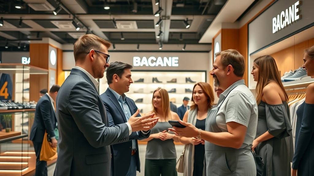 sophisticated retail environment with friendly staff engaging customers, memorable in-store branding experience, contemporary space with branded elements