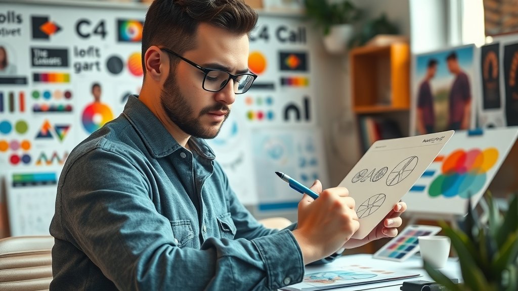 modern brand designer sketching brand identity concepts in creative workspace with color swatches and logo drafts