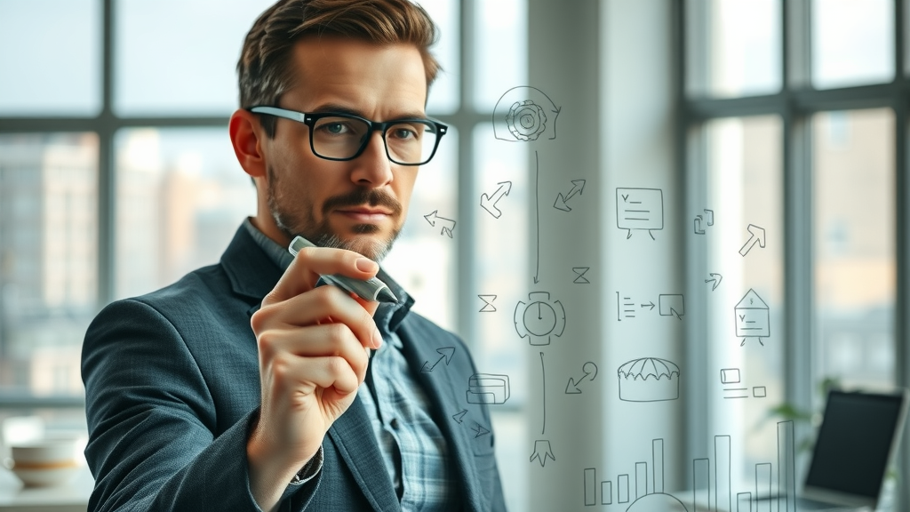 insightful marketing strategist drawing a roadmap highlighting branding strategy and tactical branding techniques on a transparent board