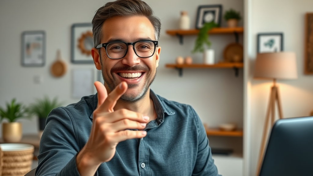 confident entrepreneur recording video message for social media branding in home office with branding elements