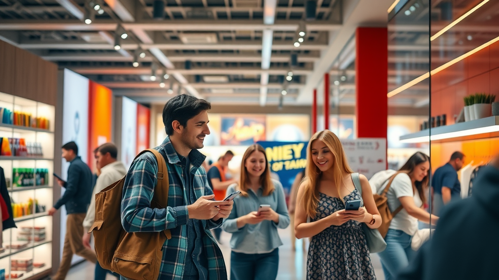 inviting retail store with happy shoppers engaging with interactive displays and colorful branding