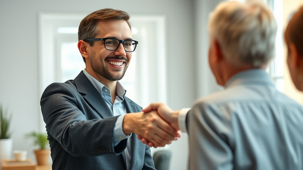 friendly service professional greeting client in branded office setting