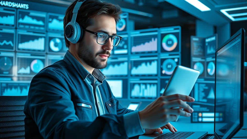 tech-savvy marketing professional analyzing digital brand performance with digital dashboards and analytics