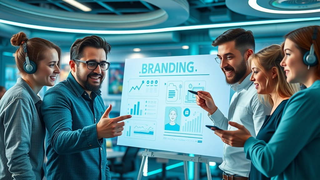 innovative branding team brainstorming new trends on digital whiteboard in ultramodern workspace with holographic displays