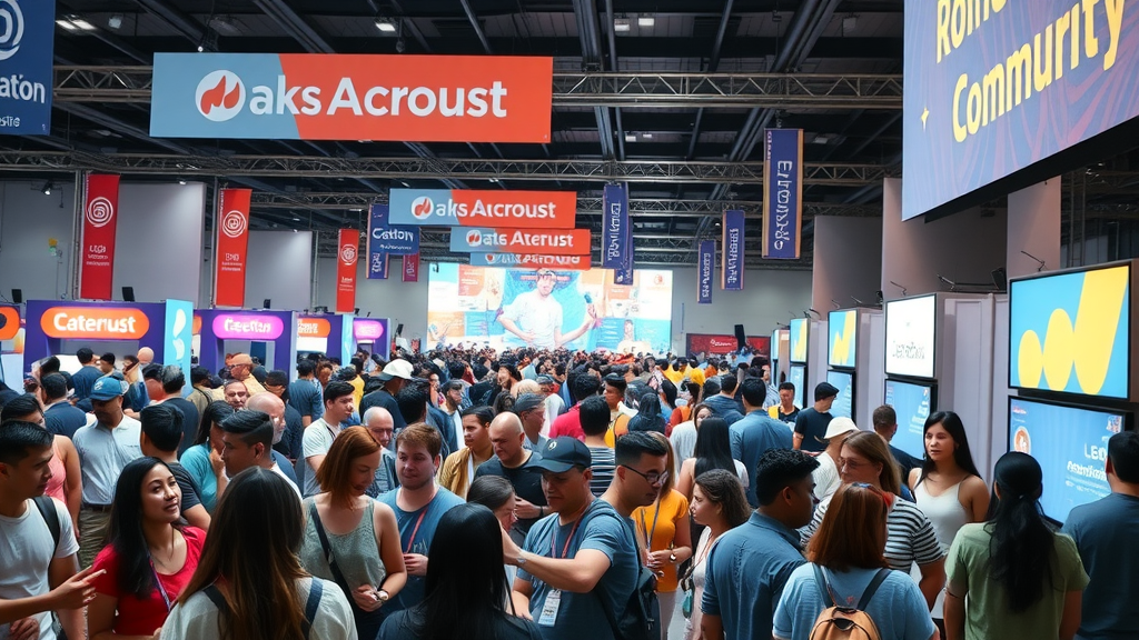 vibrant community event with people interacting with branded merchandise and digital kiosks in large event space