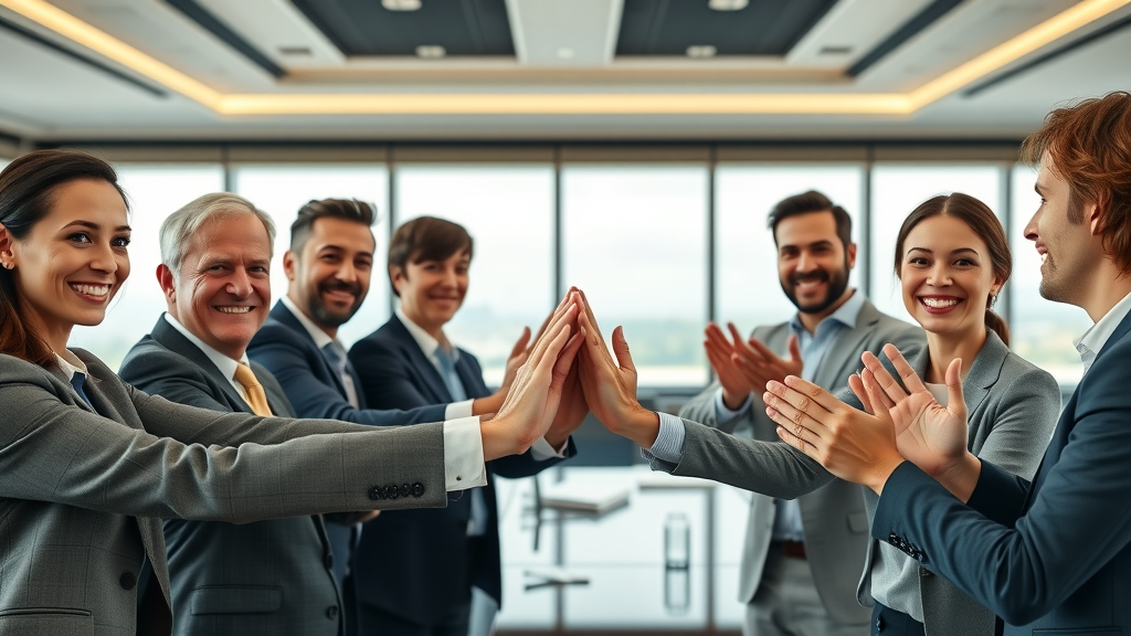 motivational business team celebrating brand success in elegant boardroom with panoramic views and branding awards