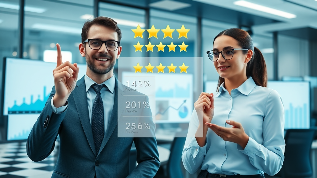 Dynamic infographic featuring business professionals reacting to online reviews, showing growth statistics and review stars, for reputation monitoring tools