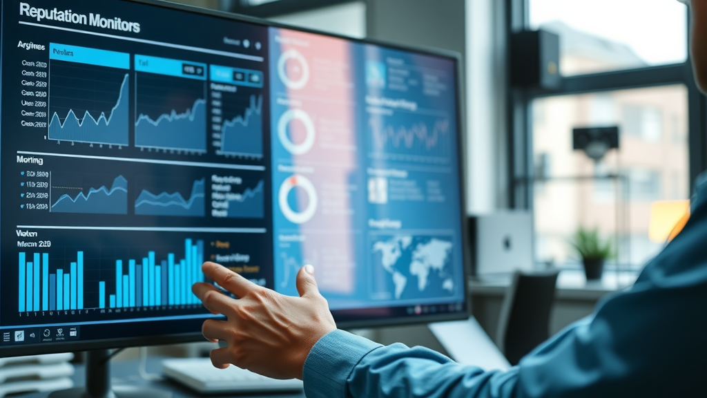 Dashboard of reputation monitoring software for online reputation management, user analyzing brand mentions, graphs, and analytics