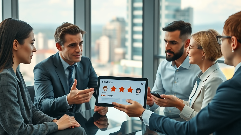 Marketer using digital dashboard for online reputation management software in a modern office