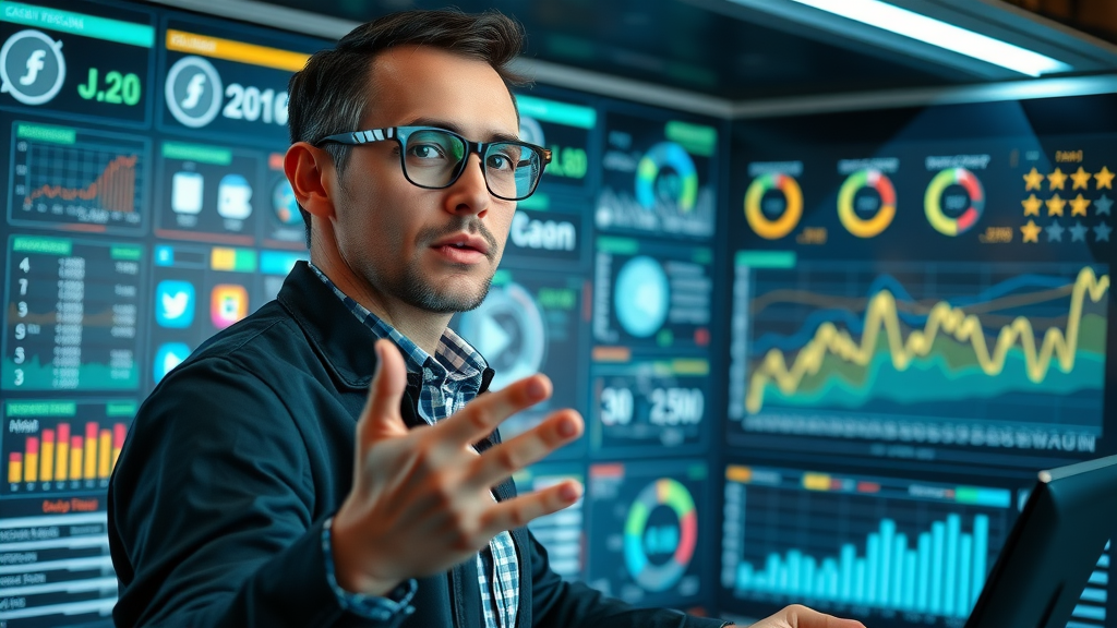 Executive analyzing digital report on screen, product comparison of reputation management tools, in corporate office