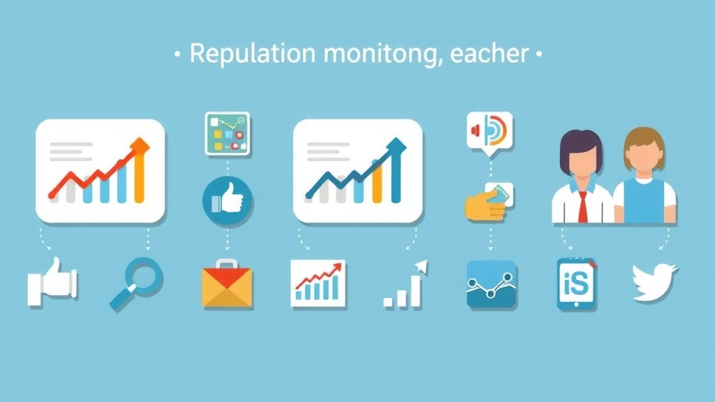 Summary icons for reputation monitoring tools, analytics, teamwork, social media, 2D cartoon style