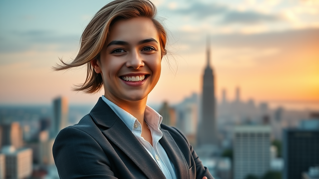 charismatic young professional showing confidence in front of an urban skyline with personal branding digital overlays, representing personal branding at sunrise