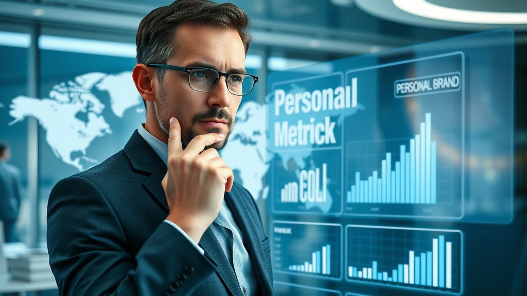 ambitious business leader analyzing digital charts and personal brand metrics, symbolizing professional growth through personal branding