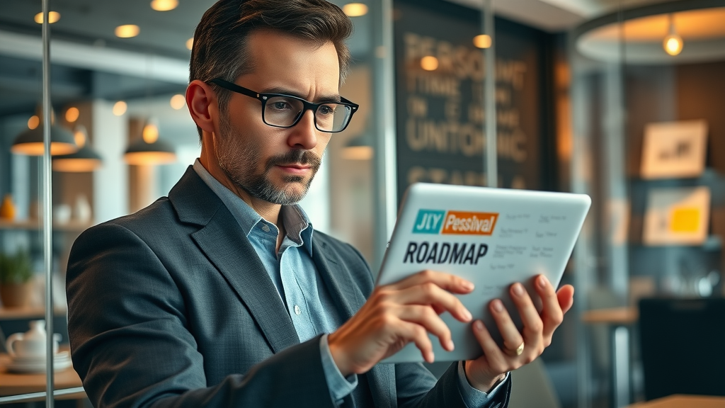 strategic professional building a personal brand roadmap on a digital tablet, surrounded by motivational workspace elements