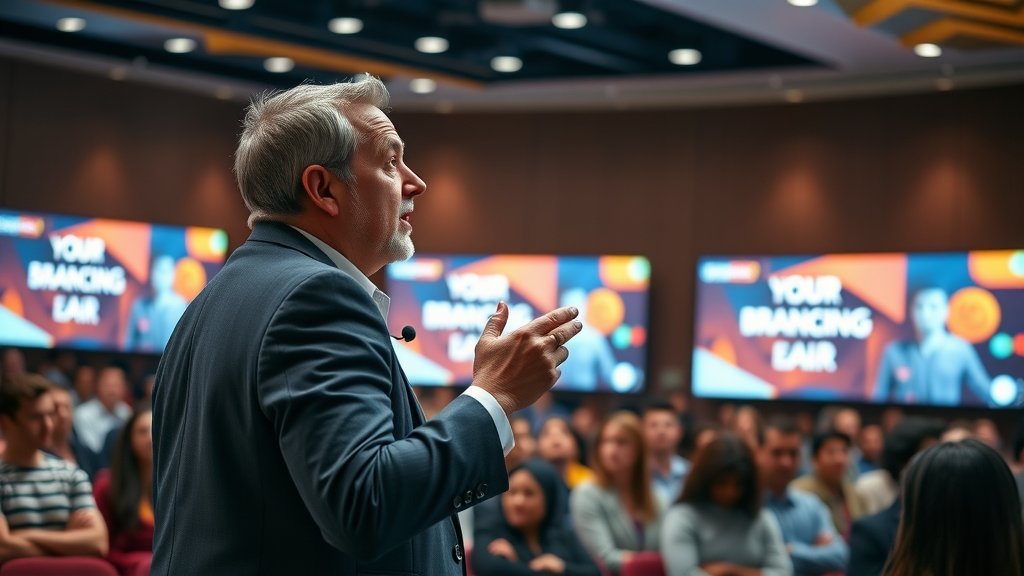thought leader giving an engaging presentation with personal branding visuals to a diverse audience, illustrating thought leadership skills