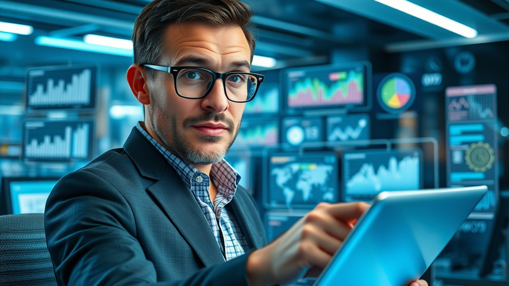 inquisitive entrepreneur exploring latest personal branding strategies on multiple devices, showing lifelong learning and adaptation in action