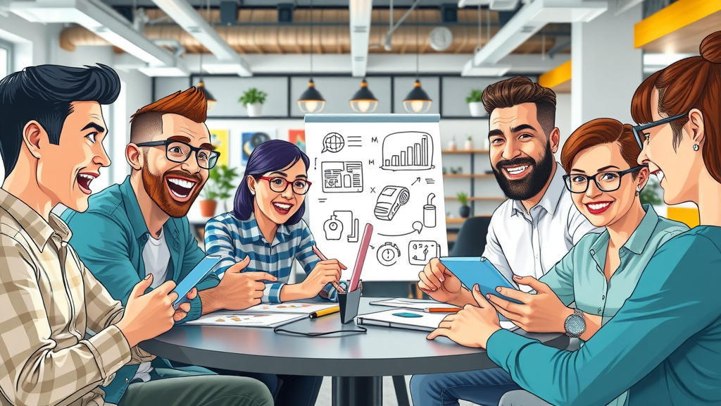Team of marketers brainstorming content ideas on tablets in a creative collaborative workspace filled with writing-inspired decor