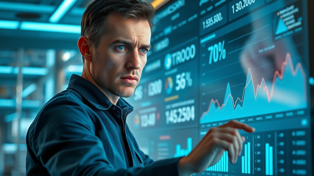 Focused marketer reviewing SEO keyword research dashboards with animated digital analytics in a futuristic workspace