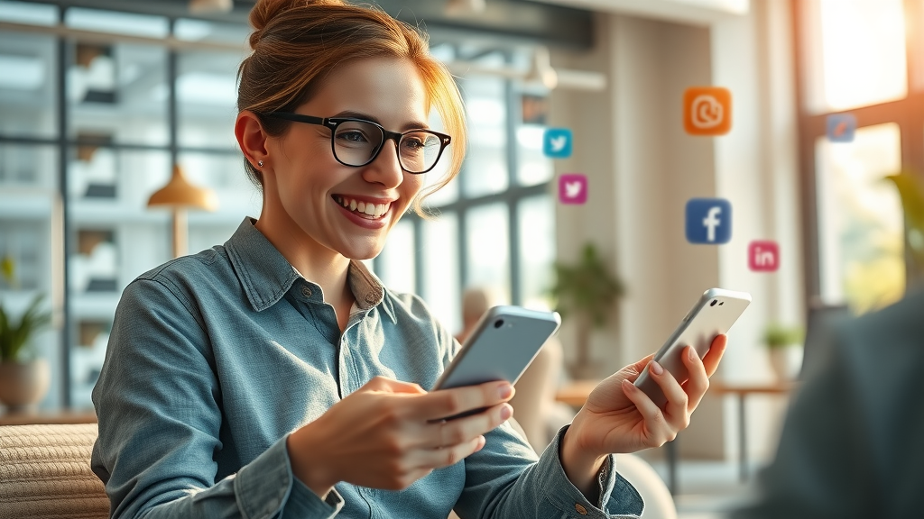 Content marketer multitasking and scheduling social media posts in a workspace with real-time notifications and dynamic icons