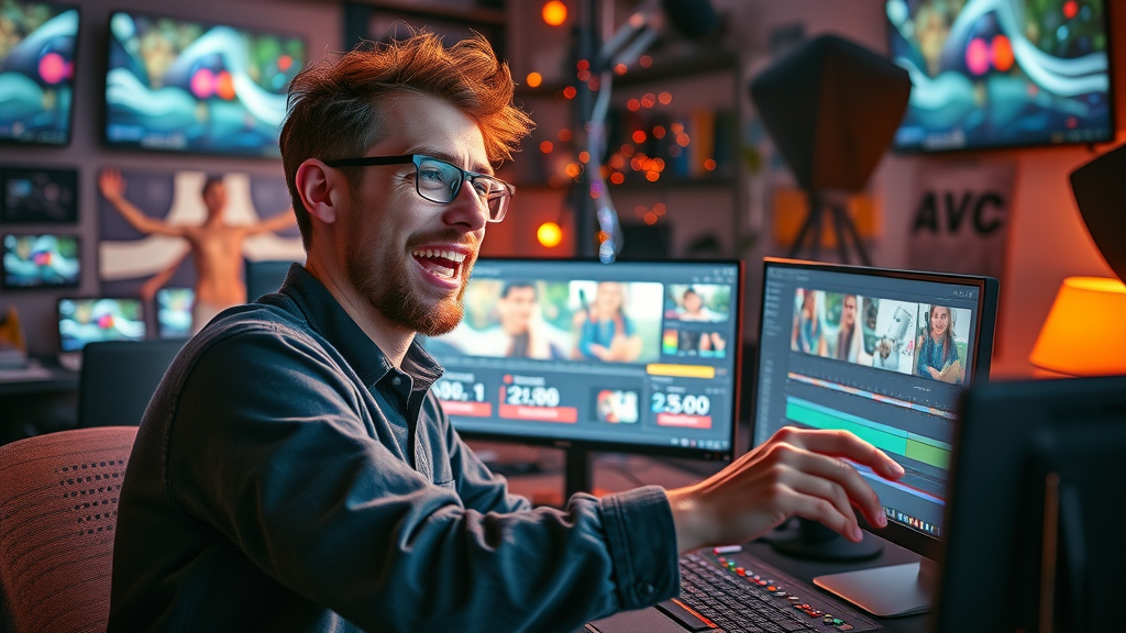 Creative designer working on video content, editing on a vibrant visual effects timeline in a studio with floating animated storyboards