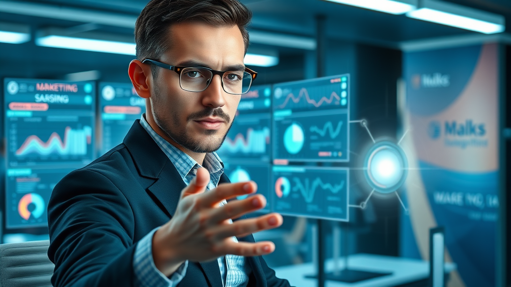 Project manager integrating marketing tools across virtual dashboards with digital data flow in a high-tech office