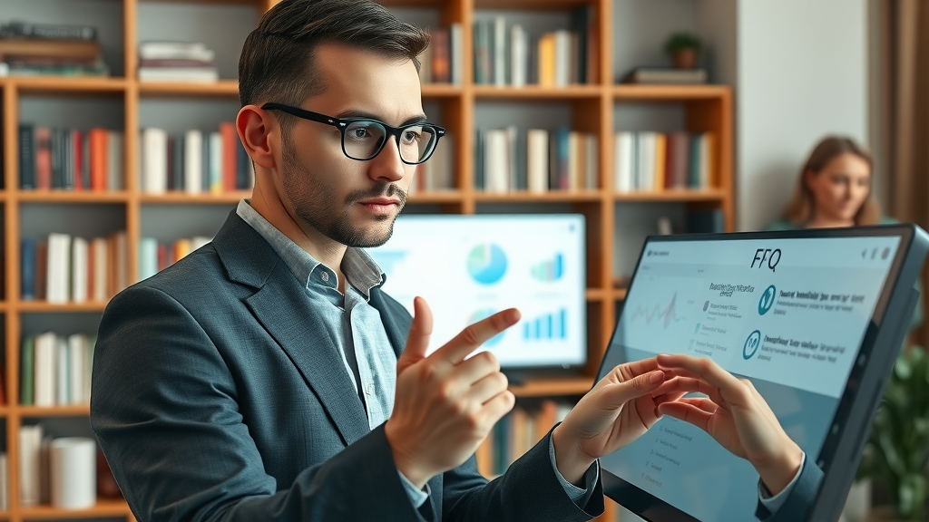 Professional content marketer reviewing a FAQ on a large touchscreen in a cozy office with digital screens and bookshelves