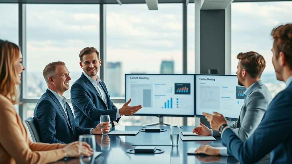 Confident marketing director leading a strategic team meeting and presenting a content marketing tool upgrade plan in a high-rise conference room