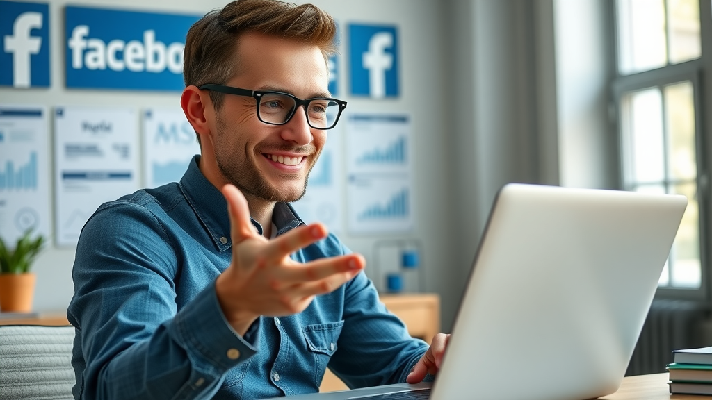 Facebook advertiser analyzing paid social media ad campaign results with analytics graph, in a detailed home office with Facebook branding, natural window lighting, and tech ambiance