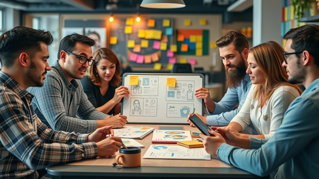 digital marketing team brainstorming creative social media ad ideas around a table, sketching storyboards, and reviewing ad mockups in a bright startup office