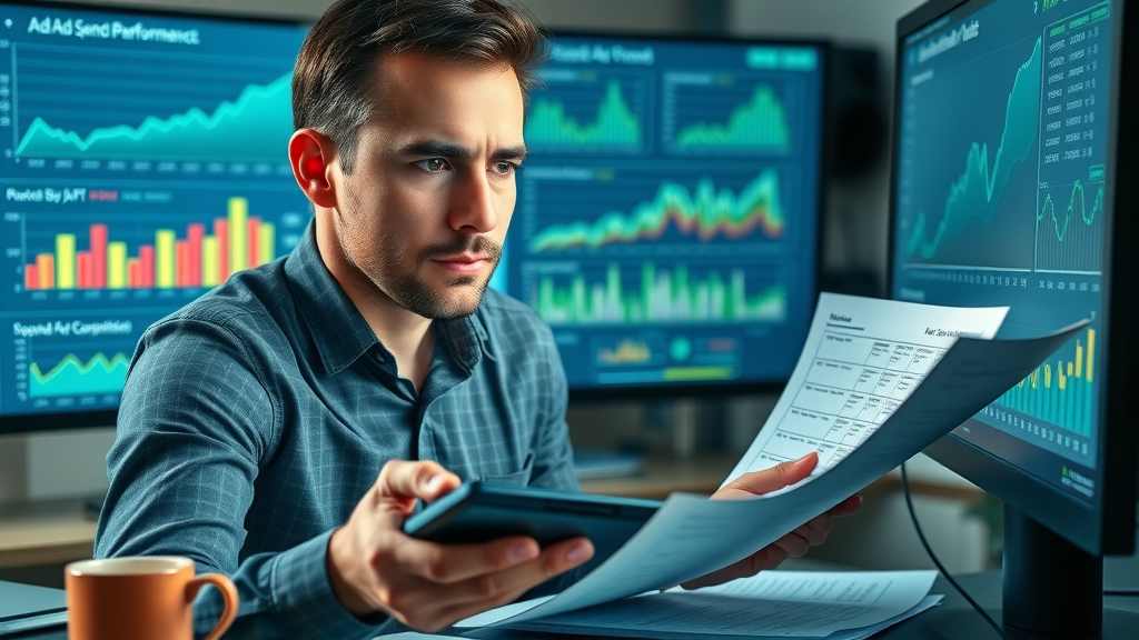 analytical marketer reviewing social media paid ads spend and ROI performance charts, surrounded by digital devices in a high-detail workspace with active graph lines