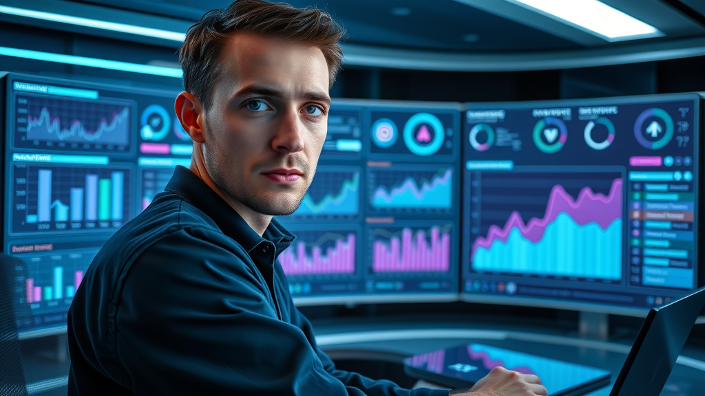 futuristic AI-powered dashboard analyzing paid social media campaign data, with digital assistant suggesting ad optimizations and holographic analytics projections